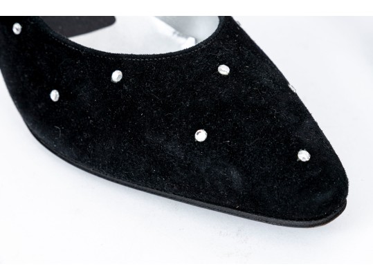 Charles Jourdan Striking Black Suede Pumps, With Rhinestone Decorations, Size 9