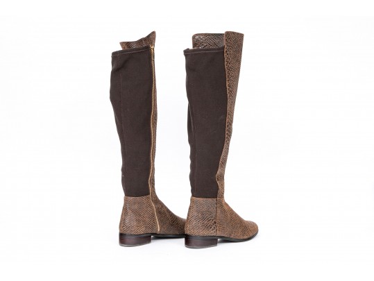 Michael Kors Striking Tall Brown Neoprene And Snake Grain Leather Boots, Size 10, With Box