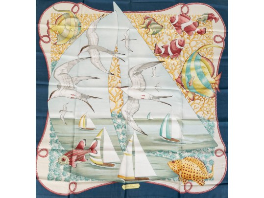 Salvatore Ferragamo Silk Scarf With Fish Motifs, Pink, Blue And Yellow Tones