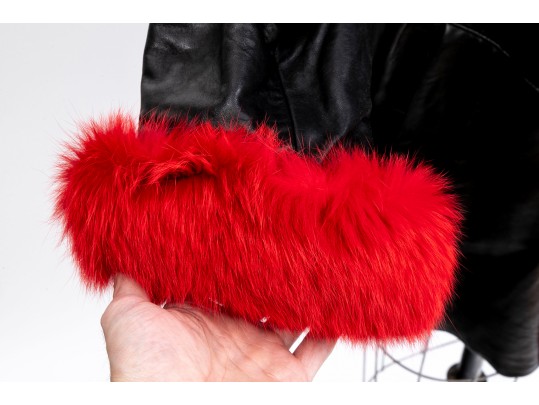 Damselle Black Leather Coat With Faux Red Fur Accents