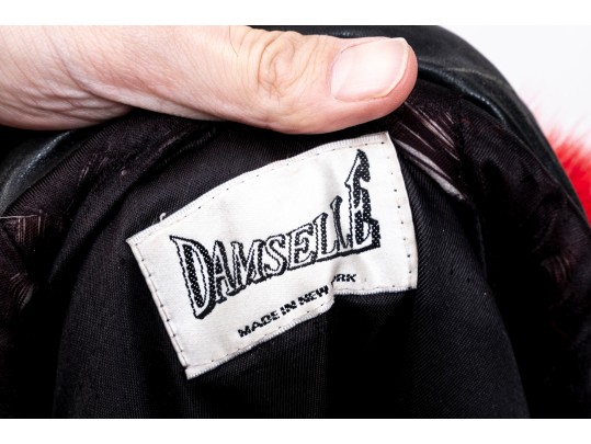 Damselle Black Leather Coat With Faux Red Fur Accents