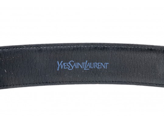 Yves St. Laurent Handsome Black Leather Belt With Black Enamel Decorated  Buckle