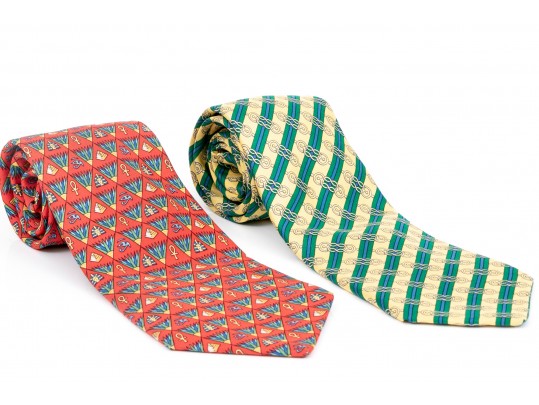Lot Of Two 100% Silk Hermes Ties, Predominantly Red And Yellow Tones