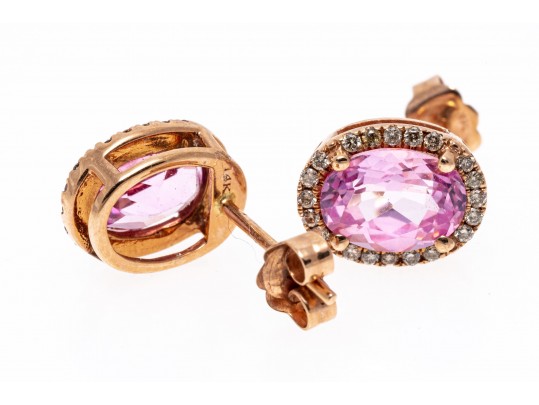 Bright Pink Sapphire And Diamond Halo 14k Rose Gold Earrings