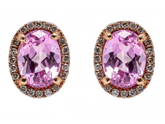 Bright Pink Sapphire And Diamond Halo 14k Rose Gold Earrings