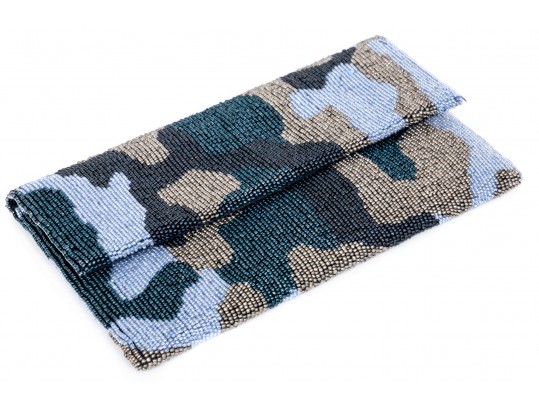 Moyna Fabulous Blue, Black, Green And Tan Beaded Camo Clutch, With Chain