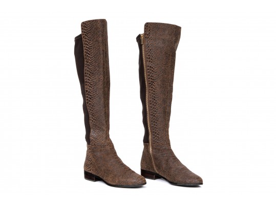 Michael Kors Striking Tall Brown Neoprene And Snake Grain Leather Boots, Size 10, With Box
