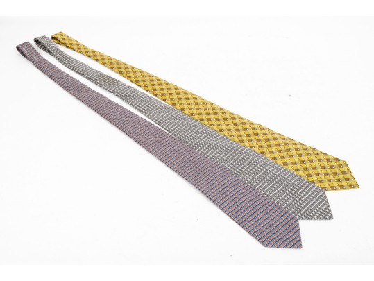 Hermes Lot Of Three Silk Ties, Assorted Colors And Patterns