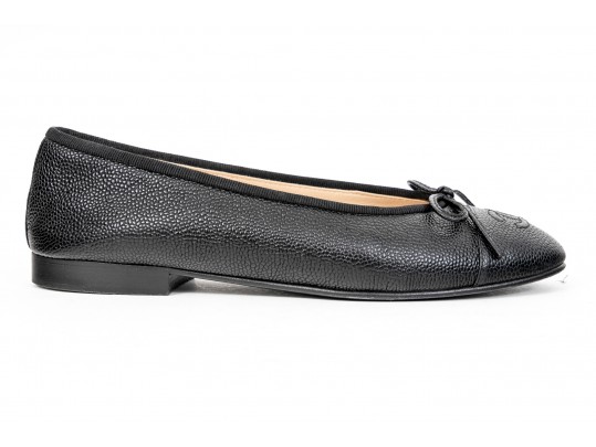 Chanel Classic Black Leather Ballet Flats, Size 37