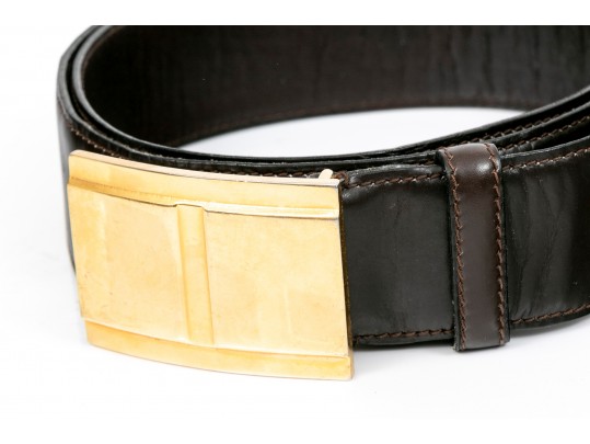 Battaglia Brown Leather Belt, Gold Tone Buckle, Size 36