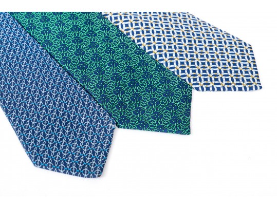 Hermes Lot Of Three Silk Ties, Blue To Green Tones