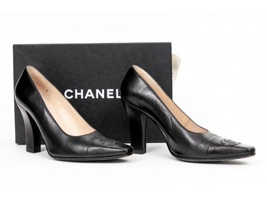 Chanel Quintessential Black Leather Pumps, Size 38 1/2, With Box