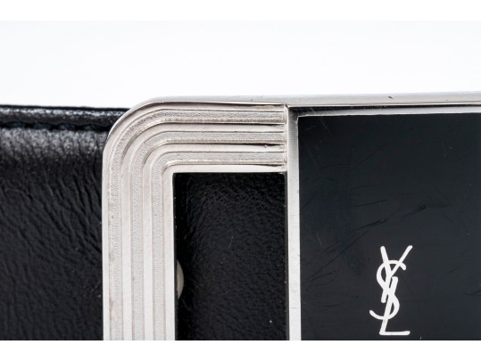 Yves St. Laurent Handsome Black Leather Belt With Black Enamel Decorated  Buckle