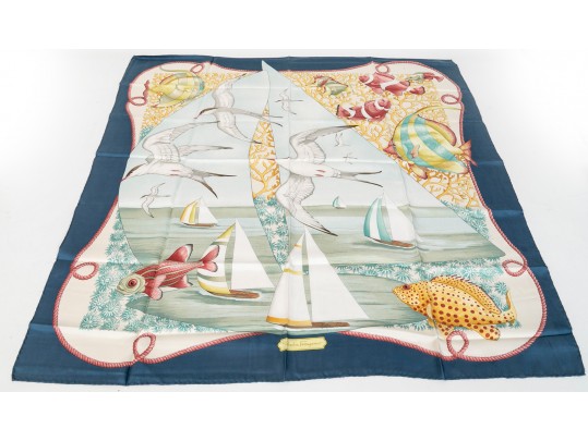 Salvatore Ferragamo Silk Scarf With Fish Motifs, Pink, Blue And Yellow Tones