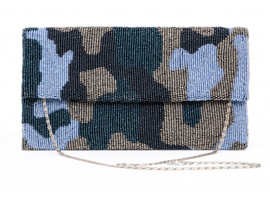 Moyna Fabulous Blue, Black, Green And Tan Beaded Camo Clutch, With Chain