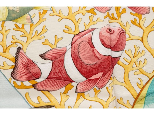 Salvatore Ferragamo Silk Scarf With Fish Motifs, Pink, Blue And Yellow Tones