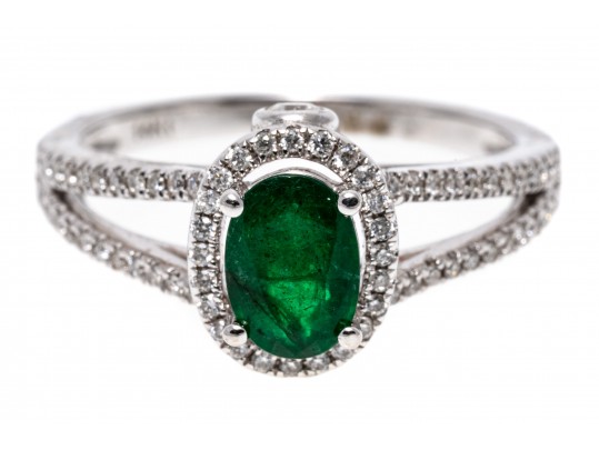 14K White Gold Emerald And Diamond Contemporary Ring, Size 7+