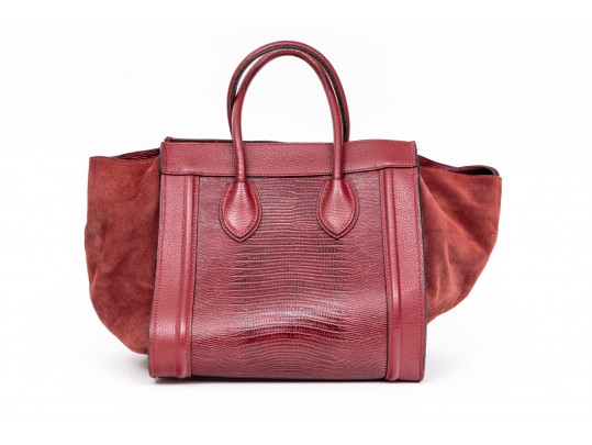 Valentino Lavish Burgundy Leather, Alligator And Suede Oversized Top Handle Bag