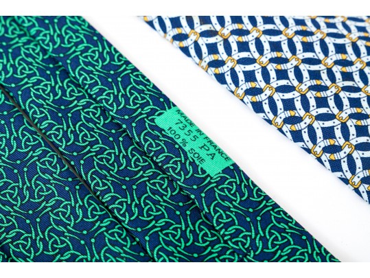 Hermes Lot Of Three Silk Ties, Blue To Green Tones