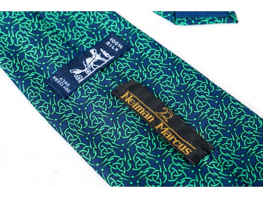 Hermes Lot Of Three Silk Ties, Blue To Green Tones