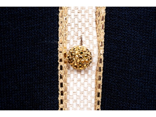 St. John Navy Button Up Cardigan, White And Gold Toned Sequinned Trim, Size 14