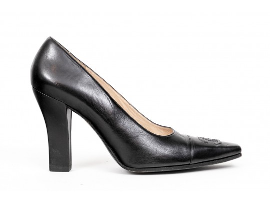 Chanel Quintessential Black Leather Pumps, Size 38 1/2, With Box