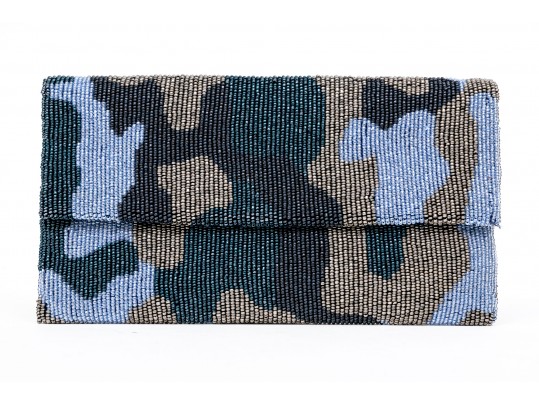 Moyna Fabulous Blue, Black, Green And Tan Beaded Camo Clutch, With Chain