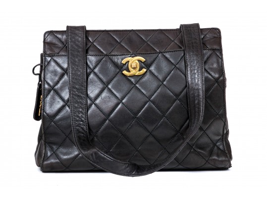 Chanel Striking Dark Brown Lambskin Quilted Leather Tote