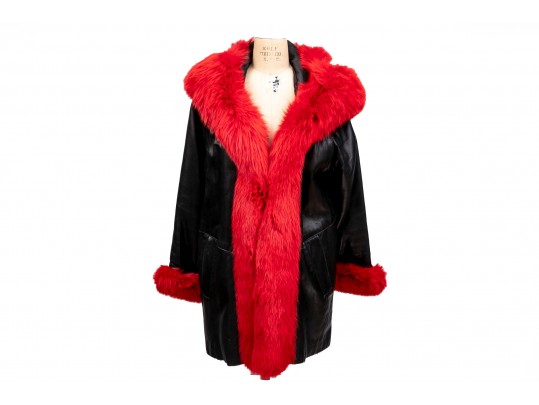 Damselle Black Leather Coat With Faux Red Fur Accents