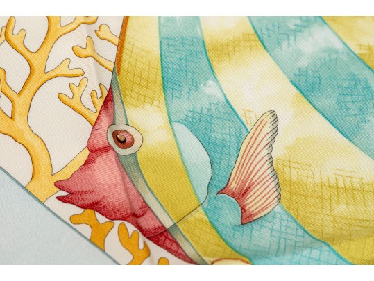 Salvatore Ferragamo Silk Scarf With Fish Motifs, Pink, Blue And Yellow Tones
