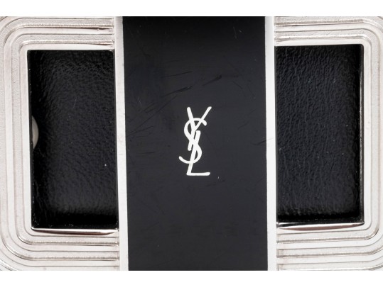 Yves St. Laurent Handsome Black Leather Belt With Black Enamel Decorated  Buckle