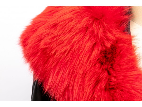 Damselle Black Leather Coat With Faux Red Fur Accents