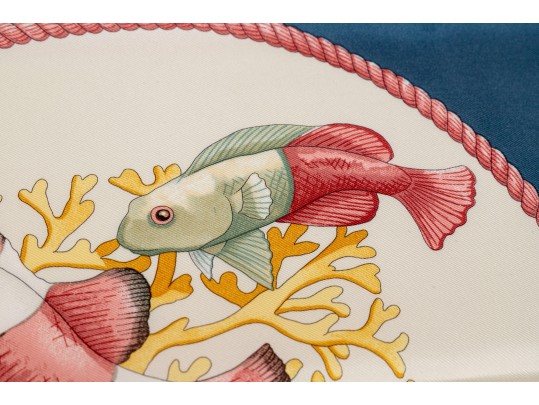 Salvatore Ferragamo Silk Scarf With Fish Motifs, Pink, Blue And Yellow Tones