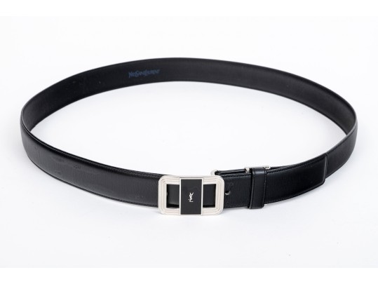 Yves St. Laurent Handsome Black Leather Belt With Black Enamel Decorated  Buckle