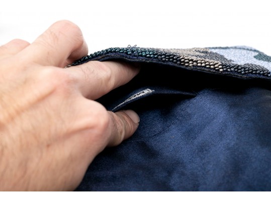 Moyna Fabulous Blue, Black, Green And Tan Beaded Camo Clutch, With Chain