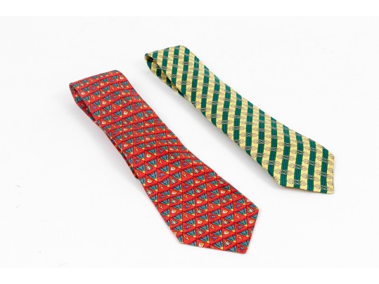 Lot Of Two 100% Silk Hermes Ties, Predominantly Red And Yellow Tones