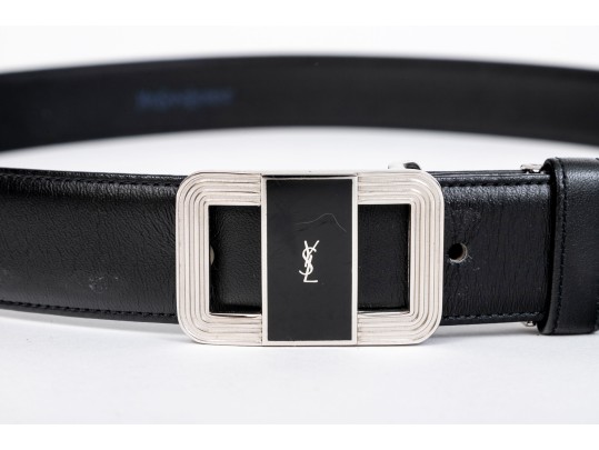 Yves St. Laurent Handsome Black Leather Belt With Black Enamel Decorated  Buckle