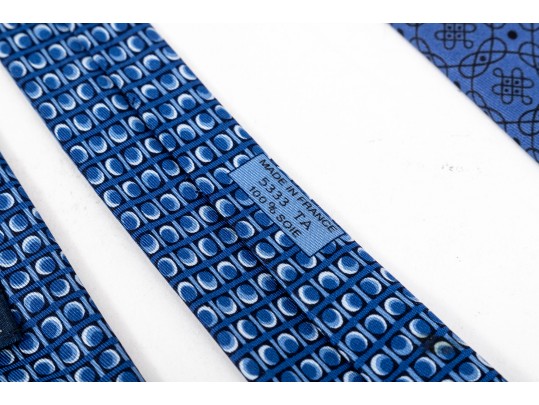 Hermes Lot Of Three Silk Ties, Blue Tones