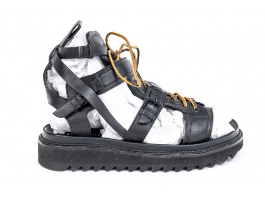 Les Hommes Casual Black Leather Lace Up Gladiator Sandals, Size 43