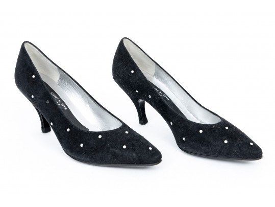 Charles Jourdan Striking Black Suede Pumps, With Rhinestone Decorations, Size 9