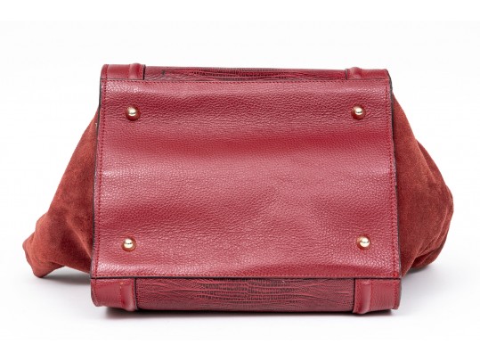 Valentino Lavish Burgundy Leather, Alligator And Suede Oversized Top Handle Bag