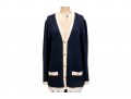 St. John Navy Button Up Cardigan, White And Gold Toned Sequinned Trim, Size 14
