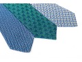 Hermes Lot Of Three Silk Ties, Blue To Green Tones