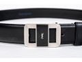 Yves St. Laurent Handsome Black Leather Belt With Black Enamel Decorated  Buckle