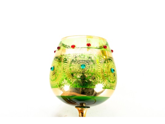 Ornately Gilt Green Glass Pokal Vase And Chalices, Likely Empoli Rossini