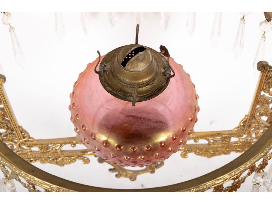 Hobnail Cranberry Glass Electric Chandelier With Prisms