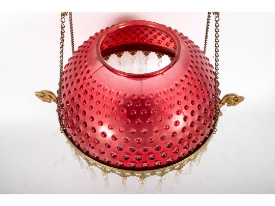 Hobnail Cranberry Glass Electric Chandelier With Prisms