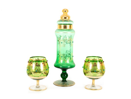 Ornately Gilt Green Glass Pokal Vase And Chalices, Likely Empoli Rossini