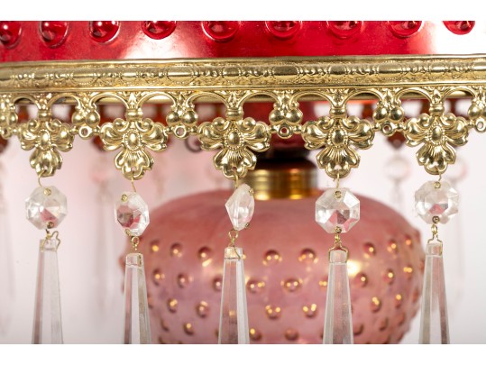 Hobnail Cranberry Glass Electric Chandelier With Prisms