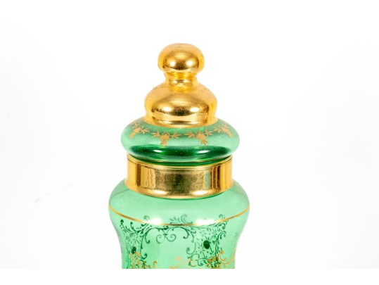 Ornately Gilt Green Glass Pokal Vase And Chalices, Likely Empoli Rossini